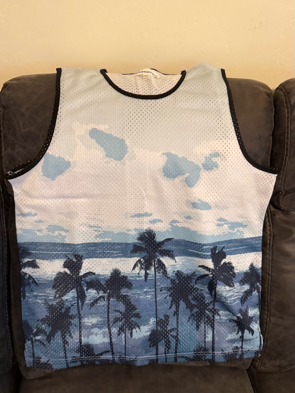 Source Unknown Blue and White Palm Tree Graphic Mesh Tank Top